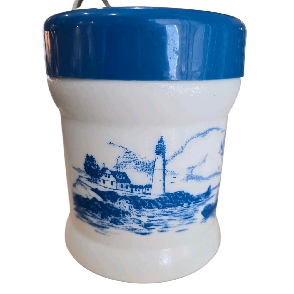 Dutch Delftware Blue Nautical Milk Glass‎  Jar W/LID Vintage Mint Condition Sea